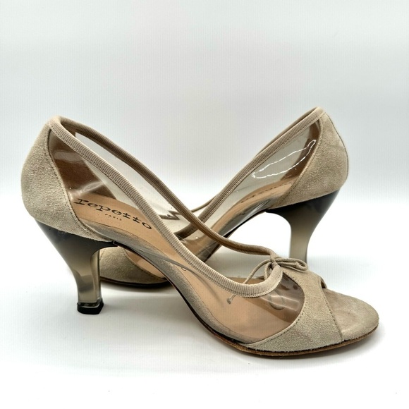REPETTTO CLEAR SUEDE HEEL SHOE TAN NEUTRAL OPEN TOE  HEELS MADE IN PARIS 37.5 - Picture 8 of 12